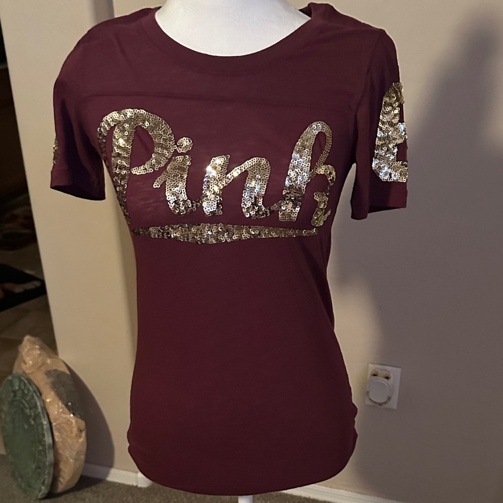 Vs pink Burgundy Tee with Gold Sequin Lettering